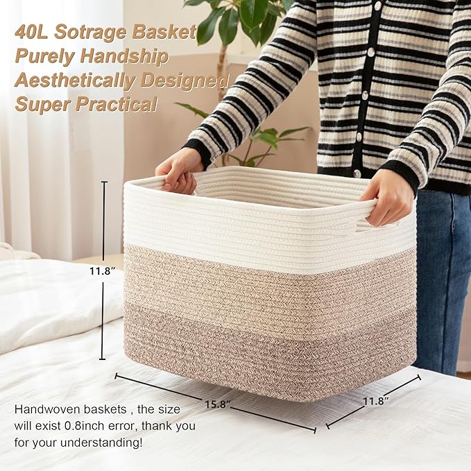 Storage Baskets for Organizing, Large Woven Basket for Shelves, Toy Basket with Handles,Closet Storage for Blanket Living Room, Bedroom, Nursery, 15.8" x 11.8" x 11.8", 2 Pack