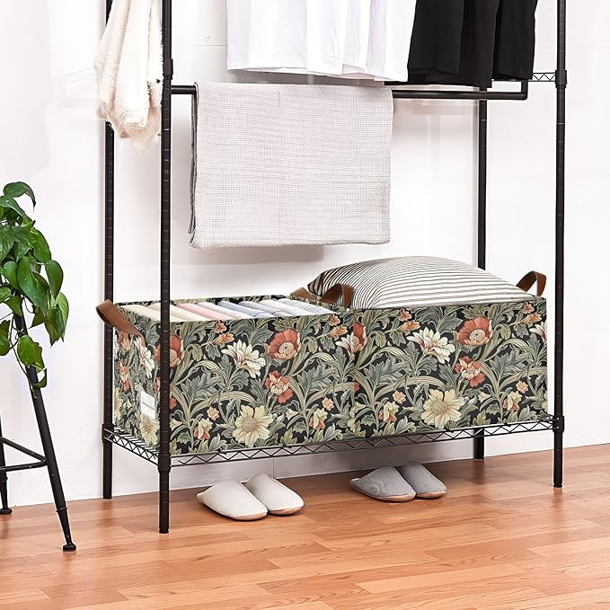 Vintage Cottage Sage Green Floral Green Black Storage Bins for Shelves with Labels&Handles Fabric Organizer Bin Foldable Rectangle Storage Basket Boxes for Closet, Bathroom, Home, Living Room