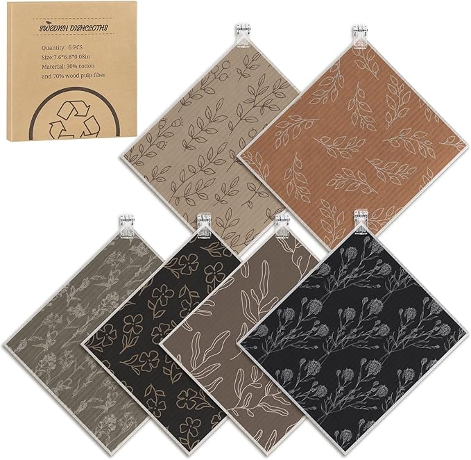 6 Pack Swedish Dishcloths for Kitchen,Swedish Rags Dish Towels with Clips, Reusable Paper Towels Washable Absorbent Cellulose Sponge Cloths No Odor for Cleaning Home Kitchen Easter Gifts for Host