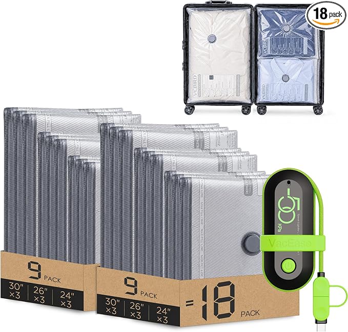 Vacbird Travel Vacuum Bags with USB Electric Pump, 18 Pack Vacuum Bags for Travel, Compression Vacuum Packing Bags for Luggage & Suitcase, Space Saving Travel Bags for Clothes and Clothing,Carry-On