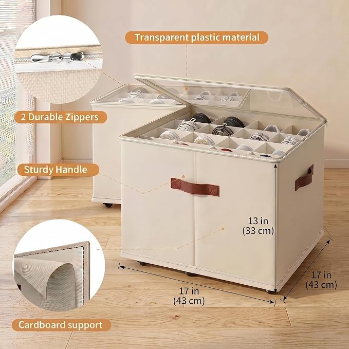 2 Pack Shoe storage Organizer for closet with wheels,No Assemble Required Shoe boxes with premium waterproof material，Adjustable Dividers Fits 32 Pairs,shoe Storage Bins with Reinforced Handle