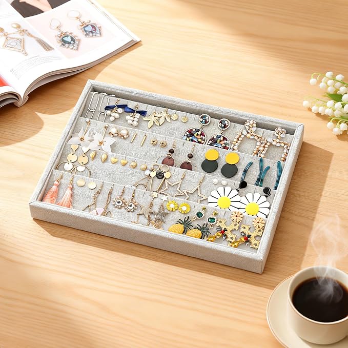 Stratalife 40 Pairs Stud Earring Organizer Tray, Stackable Velvet Jewelry Organizer for Women, Jewelry Storage Display Tray for Drawer, 13.8" x 9.4" x 1.2", Grey