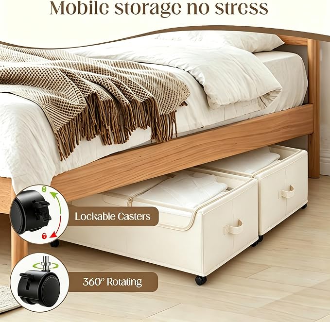 Under Bed Storage with Wheels, 2 Pack Under Bed Storage Containers, 10.6 inches Tall Underbed storage bins on Wheels, Rolling Under the Bed Metal Drawers for Clothes, Blankets, Shoes (XXXL, 90L)