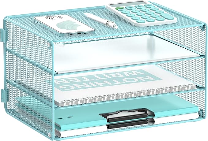 DALTACK 3 Tier Letter Tray Paper Organizer for Desk, Mesh Metal Desk File Organizer with Sliding Trays for Letter/A4 Paper, Mail, Bills & Folders, Light Blue