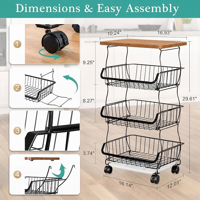 VECELO 4-Tier Fruit Basket with Wheels, Fruit and Vegetable Storage Cart for Kithchen, Stackable Produce Organizer Wire Baskets for Kitchen, Pantry, Living Room