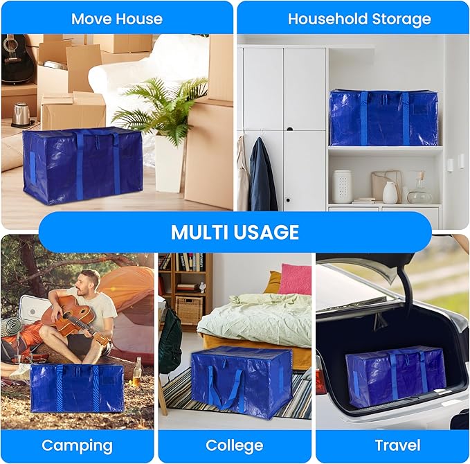 Simple Deluxe 12 Pack Extra Large Moving Bags with Lids, Reinforced Handles and Zippers, Heavy Duty Storage Tote for Moving Travel Camping Space Saving, Blue