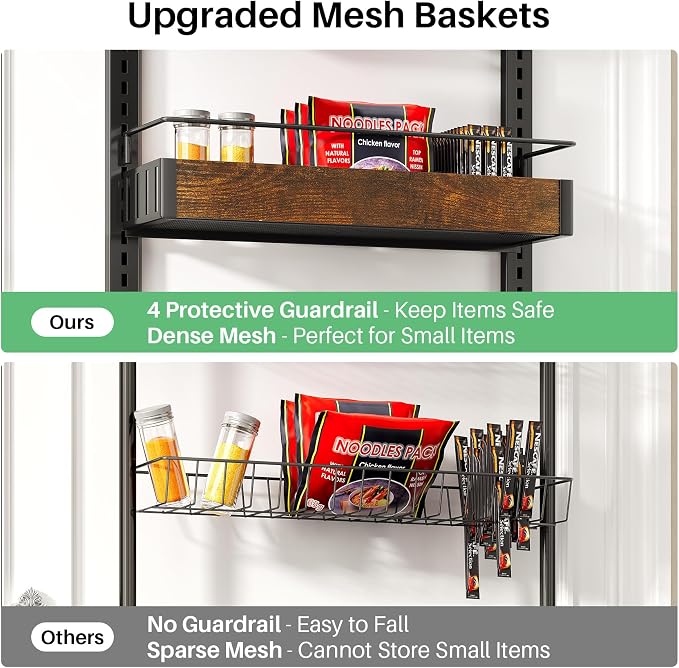 SNTD 8 Tiers Over the Door Organizer - Height Adjustable Pantry Organizers and Storage with Dense Mesh Baskets, Hanging Door Spice Rack for Kitchen Bathroom (Rustic Brown, 17" W x 6" D x 69" H)