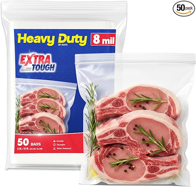 Heavy Duty Zip Seal Lock Storage Bags, 8 Mil Plastic Zip Top Bag, Reusable Poly Gallon Bag for Clothes, Food, Tool, Travel, 8"x10", Pack 50