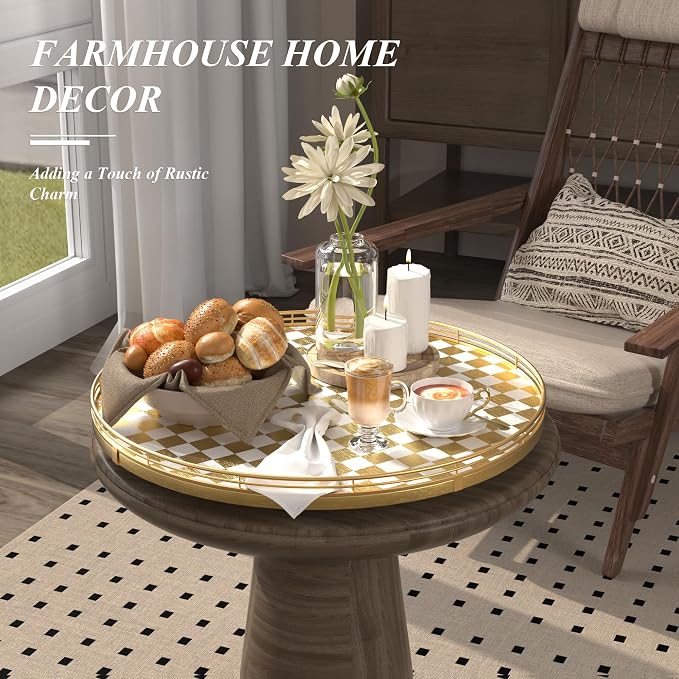 Premium Rubber Wood Lazy Susan Turntable, Glod White Checkerboard Decorative Serving Tray, Hand-Welded Metal Railing, Stable Rotating Organizer for Dining Table, Kitchen Counter, Coffee Table Decor