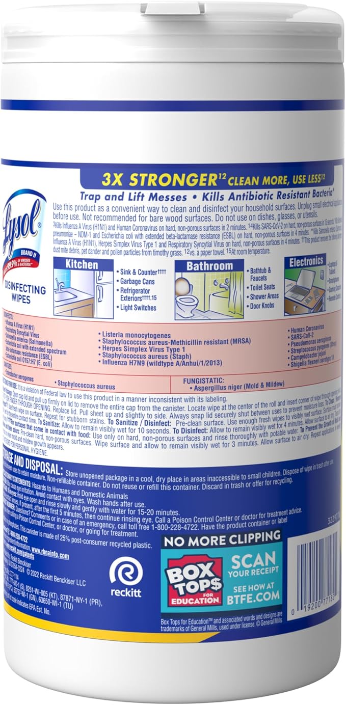 Lysol Disinfecting Wipes, Multi-Surface Cleaner, Lemon, 80 ct. | All Purpose Cleaner, Sanitizing, Deodorizing, Apartment Essentials, Back To School Cleaning Supplies, Kitchen & Bathroom Wipe