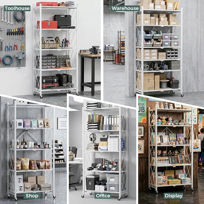 DEANIC 70.7" Tall Extra Large 5-Tier Folding Storage Shelf with Wheels, No Assembly Collapsible Metal Rack with Leveling Feet for Garage, Pantry, Basement, Vendor Display, Kitchen(White,1 Pack)