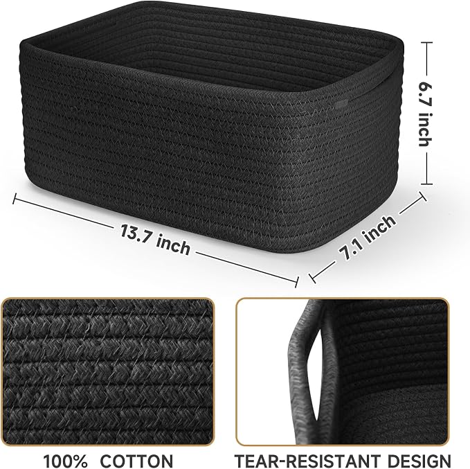 3-Pack Storage Baskets for Organizing | Woven Shelf Toy Basket | Rope Baskets for Gifts Empty | Closet Organizer Bins with Handles | Cube Decorative Box | 13.7×7.1×6.7” | Mixed Black