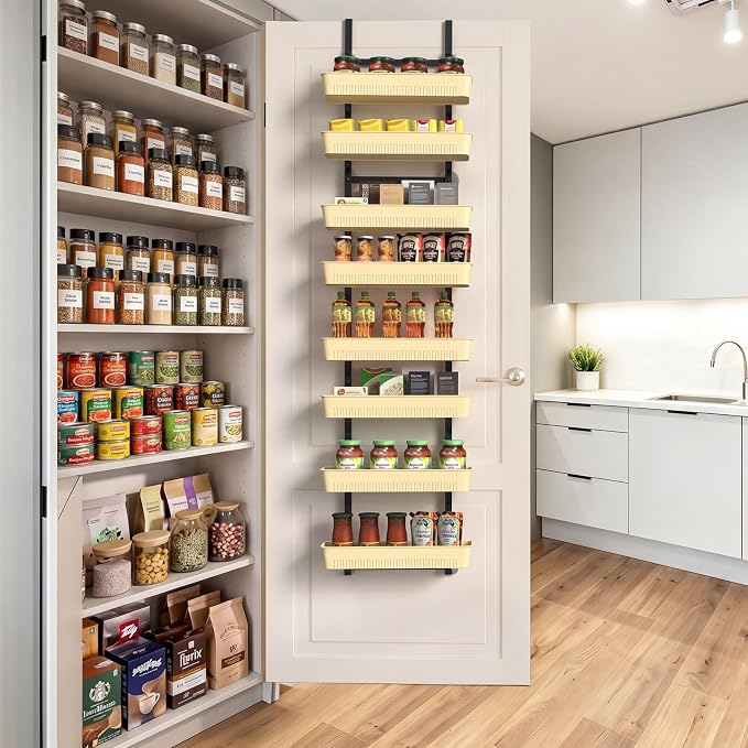White 8-Tier Over the Door Organizer, Metal Over the Door Spice Rack with Adjustable Baskets, Hanging Behind the Door Storage for Pantry, Kitchen, Bathroom & Household Use