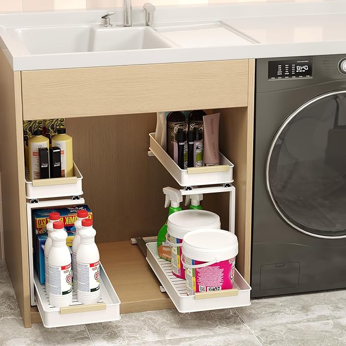 Under Sink Organizer, 2 Tiers Pull Out Bathroom Organizers and Storage, Slide Out Cabinet Organizer Shelf for Kitchen Bathroom, Multi-Purpose Collection Organizer Drawer Shelf (White, 2pcs)