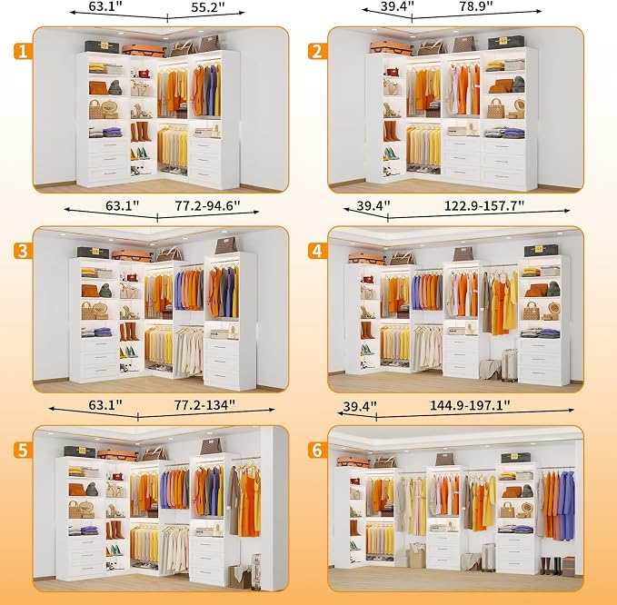 Closet System with 3 Sets, 6.5-16FT Corner Closet Organizer System with 6 Drawers & 11 Shelves & 6 Hanging Rods, Custom L-Shaped Modular Walk-in Closet Organizers and Storage System Corner, White