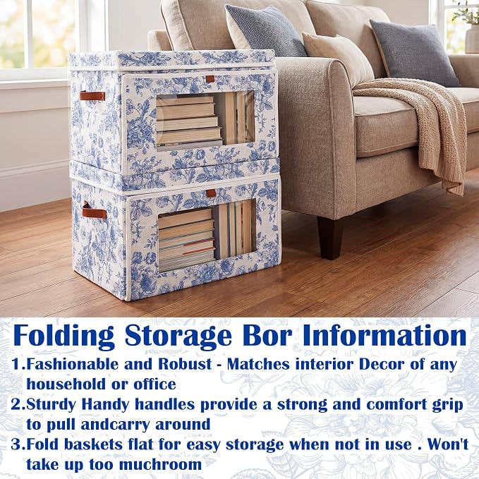 Domensi 2 Pack Blue Floral Large Storage Bins with Lids Handles Blue and White Porcelain Storage Boxes 16.5x11.8x11 Inch Foldable Fabric Basket Decorative Organizer for Clothes Nursery Dorm(Window)