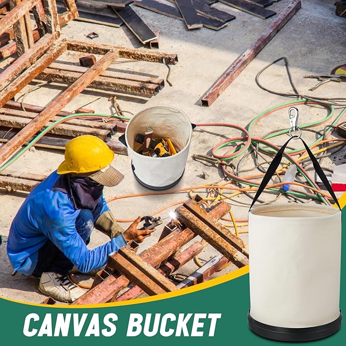 1 Pack Canvas Bucket 15" x 12" Heavy Duty Lineman Tool Bag with Plastic Bottom & Metal Hook Electrician Tool Organizer for Jobsite Use, Load Rated up to 150 Pounds (White)