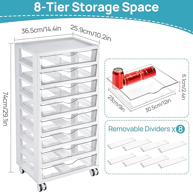 Vtopmart 8 Tier Rolling Cart with Drawers, Clear Plastic Drawers with Removable Dividers for Art &Office Supplies, Beauty Products, Toy, Under Desk Storage for Craft Room, Classroom
