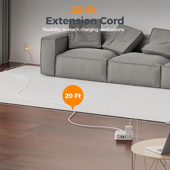 TESSAN Surge Protector Power Strip with 900J Surge Protection, 20 Ft, Grey | 8 AC with 3 USB Ports (1 USB C 20W PD), Flat Plug Extension Cord, 3 Sided Outlet Extender with Power Switch