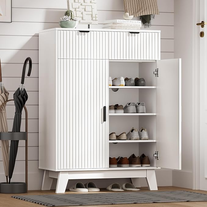 Shoe Cabinet Storage for Entryway with Doors, 4 Tier Fluted Shoe Organizer with 2 Drawers, Entryway Shoe Storage with Adjustable Shelves, Freestanding Hidden Shoe Rack for Front Door Entrance, White