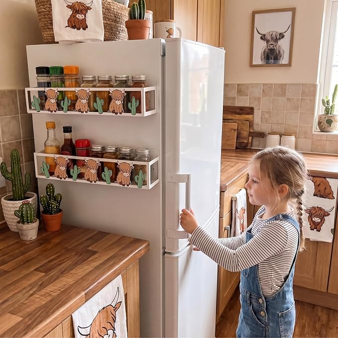Beeveer 2 Pack Magnetic Spice Rack for Refrigerator Cute Highland Cow Cactus Farmhouse Kitchen Decor Spice Storage Rack Fridge Organizer Multi Purpose Magnet Shelf for Refrigerator Laundry Coffee Bar