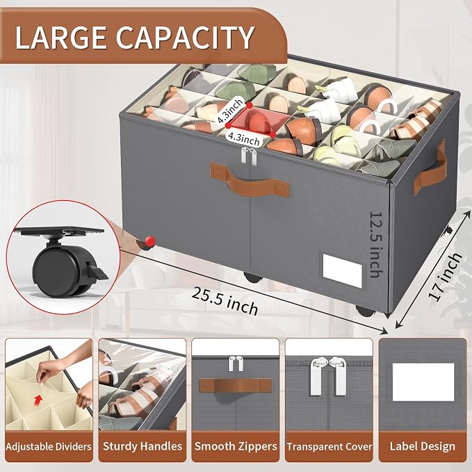 Shoe Organizer for Closet, 2 Pack Shoe Storage Organizer with Wheels and Adjustable Dividers, Stackable Shoe Storage Box with Clear Cover, Foldable Closet Shoe Organizer Fits up to 24-48 Pairs, Gray