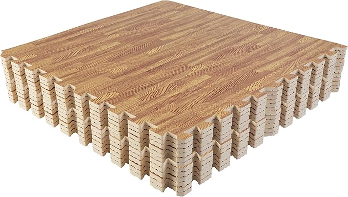 EVA Foam Floor Tiles 12-Pack - 48 SQFT Woodgrain Puzzle Mats for Floor - Interlocking Foam Tiles for Family Room or Gym Flooring by Stalwart (Light)