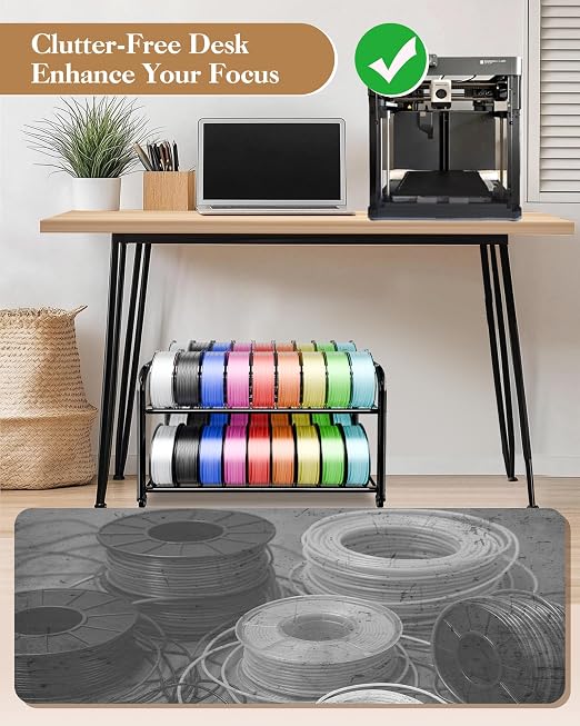 2 Tier Rolling Filament Rack, Holds 40+ 3D Spools, Under Desk Storage | Adjustable for 250g-1KG Spools, 360° Smooth Wheels, Compact 16.5" Wide, Tool-free Assembly. Perfect for 3d Farms Studios