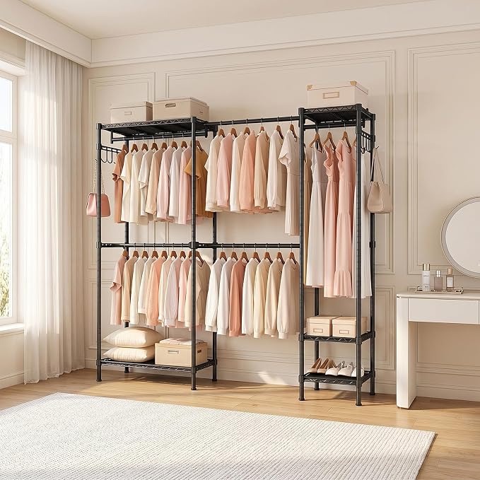 Kryonix 900lbs Expandable Garment Rack - Black | Adjustable 70"-88.2" wide with 5 rods & 6 shelves. 900lbs cap. Freestanding metal closet organizer for bedroom laundry.