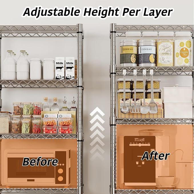 Metal Storage Shelves 5 Tier with Wheels, 1100 LBS Adjustable Wire Shelving Rack Shelves Units with Side Handle for Hanging, Rolling Shelf Organizer for Kitchen Garage, 11.8" W x 23.6" D x 61"H,Silver