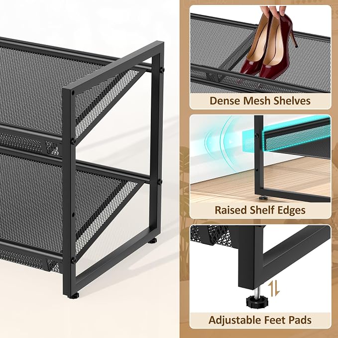 Expandable Shoe Rack, 2 Tier Adjustable Mesh Shoe Organizer for Entryway | Flat & Slant Dual Use Design, Sturdy Metal Mesh Shoe Shelf for High Heels, Stackable Shoe Storage Holder for Cloest, Garage