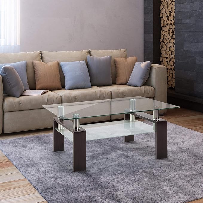 Meihua Rectangle Glass Coffee Table for Living Room, Modern Center Table Metal Tube Legs for Home Office (Brown)