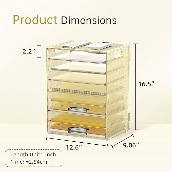 DALTACK 9-Tier Paper Organizer for Desk, Mesh Letter Tray Desk Organizer with Handles, Space-Saving File Organizer for Office Home School, Gold