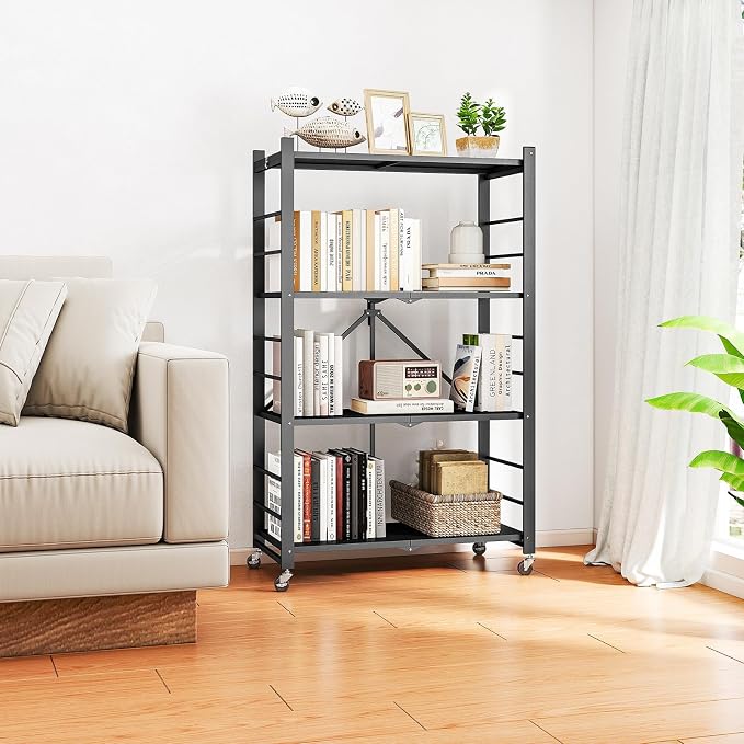 Fenbeli Foldable Shelves with Wheels - 4 Tier Folding Shelf, Collapsible No Assembly Metal Shelving Unit, Origami Storage Shelves & Rolling Storage Rack with 8 Hooks for Kitchen Pantry Garage