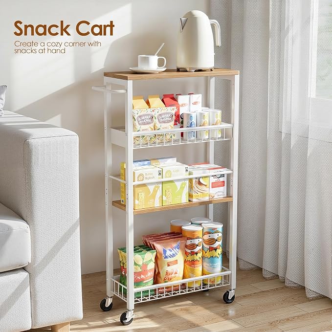 Slim Rolling Storage Cart, 4 Tier Narrow Storage Cart, 7.1in(W) | Metal Kitchen Rolling Cart for Small Spaces, Narrow Shelf for Kitchen, Laundry Room, Bathroom, Living Room