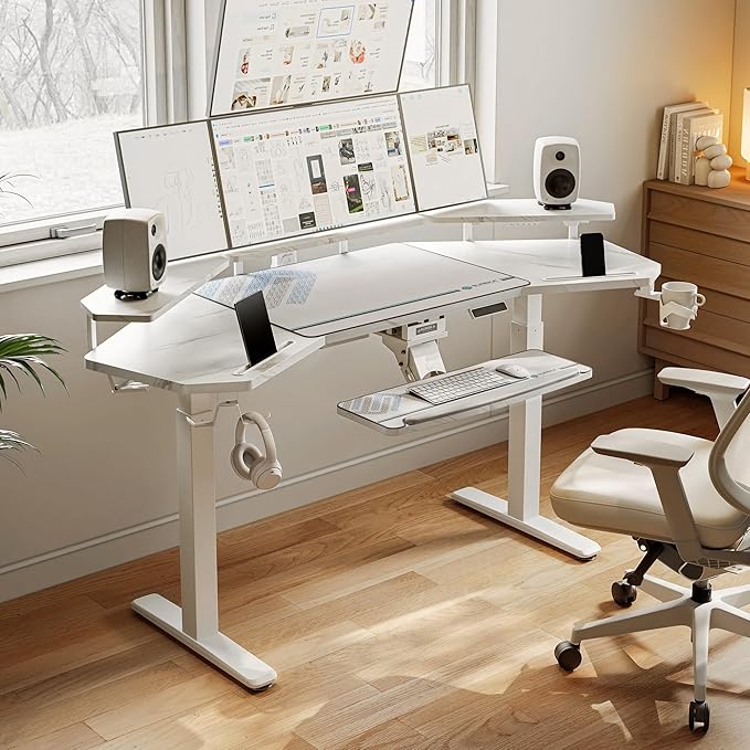 EUREKA ERGONOMIC Gaming Desk, w Keyboard Tray, 73" Wing Shaped Music Studio Table with LED Shelves, Gaming Recording Live Stream, Slot Design