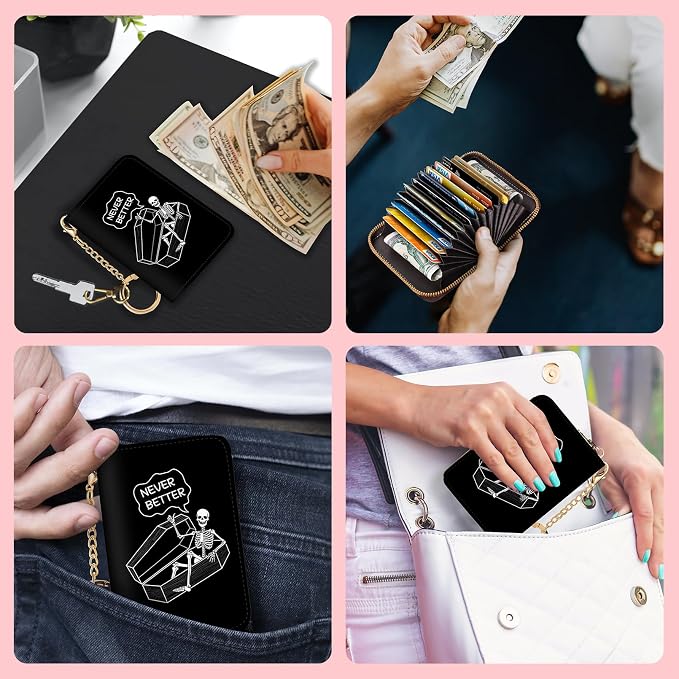 Blusabaca RFID Credit Card Holder Small Women Travel Wallet, Funny Skull | Removable Keychain, Case with Zipper, Vegan PU Leather, Cash Coin Pocket, Business Accordion Purse, Ladies Female Gift