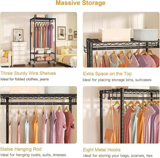FUTASSI Rolling Clothes Rack, Clothing Racks for Hanging Clothes, Black | P6 Medium Heavy Duty Garment Rack with Wheels, Freestanding Portable Closet Rack with Shelves, 30 In Wide, Max Load 370 LBS