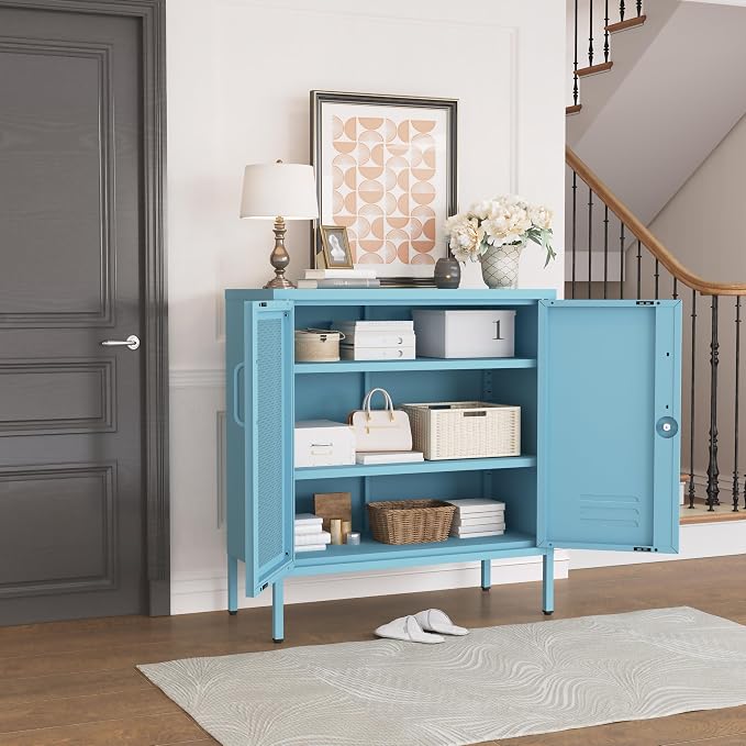 Lockable Metal Storage Cabinet Locker, Multifunctional Versatile Storage Lockers with Adjustable Shelves and Mesh Door, Durable Metal Sideboard Furniture for Restaurant Home Office Blue