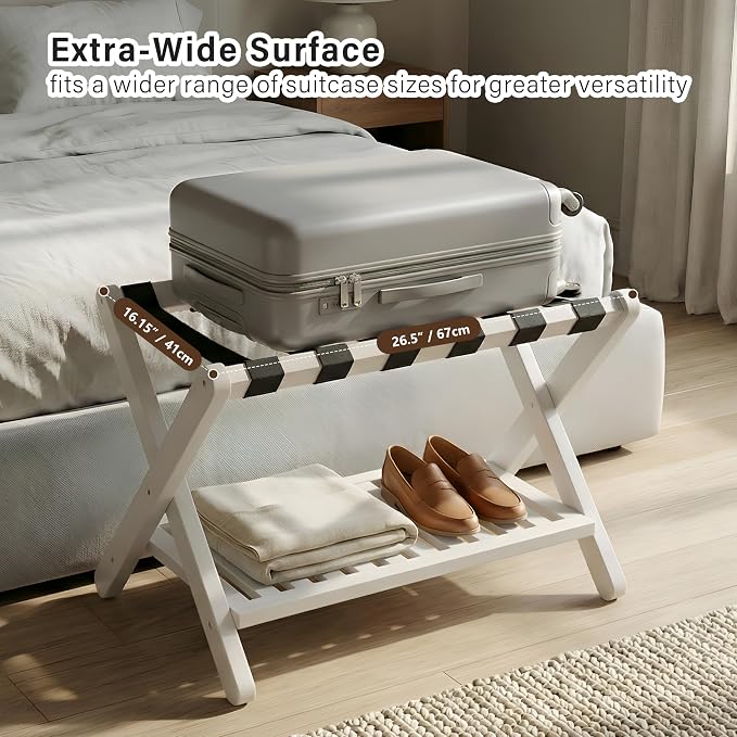 Heybly Luggage Rack for Guest Room,Set of 2, Bamboo Folding Luggage Stand & Suitcase Holder, 5 Heavy-Duty Straps,Holds up to 165 Lbs, Heavy Duty Luggage Rack for Bedroom Hotel, White, HLR013W2