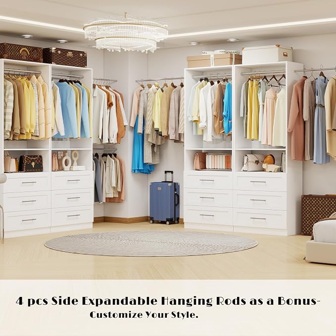 Closet System with 12 Drawers, 8FT-21FT Closet Organizer System Wooden Walk-in Closet Shelf Corner Small Closets Storage System with 8 Hanging Rods Modular Freestanding White, 3Sets