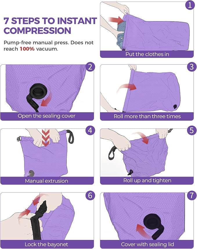 Compression Travel Laundry Bag for Dirty Clothes, Pump-Free Laundry Bag for Suitcase & Dorm, Waterproof Wet Dry Clothes Organizer, Large Capacity Space Saving Travel Bag (1 Pcs)(Purple, M)