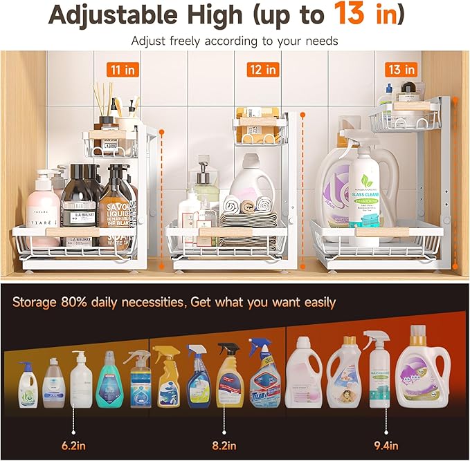 Sevenblue 2 Packs Under Sink Organizer, Height Adjustable 3 Tier Under Kitchen Sink Organizer, Multi-Purpose Storage Shelf for Kitchen Bathroom Cabinet (White, Large)