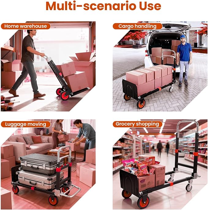 3-in-1 Folding Hand Trucks, 600Lbs Convertible Hand Truck Dolly, Heavy Duty Convertible Dolly with Retractable Handle and 4 Rubber Wheels, Collapsible Cart for Moving Office/Home/Warehous(Red)