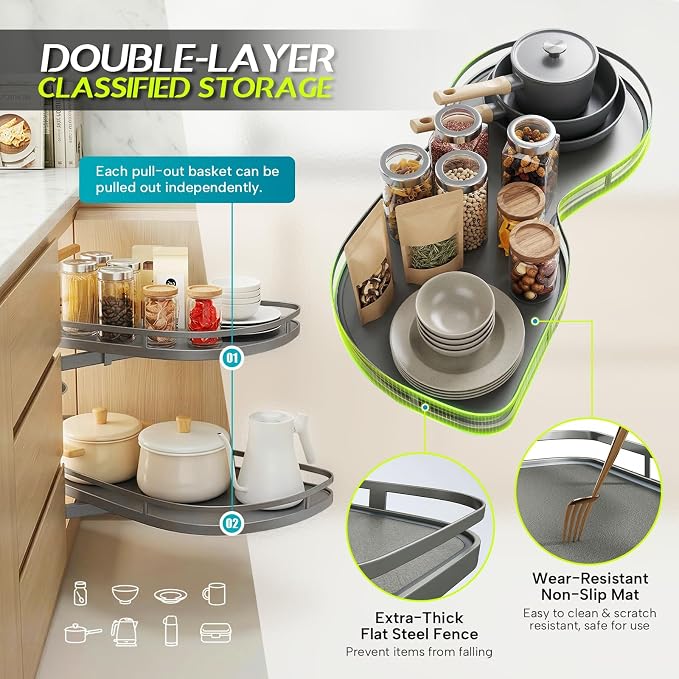 Blind Corner Cabinet Pull Out Organizer, Heavy Duty 2-Tier Soft Close System, Fits 12”-18” Cabinets, Left/Right Adjustable Magic Corner Storage for Kitchen Cabinets