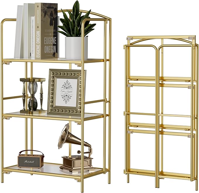 Crofy 3-Tier Foldable Bookshelf, Gold Frame & Transparent Shelves | No-Assembly Collapsible Portable Storage Organizer; Sturdy Transparent Shelves; Ideal for Living Room & Home Office