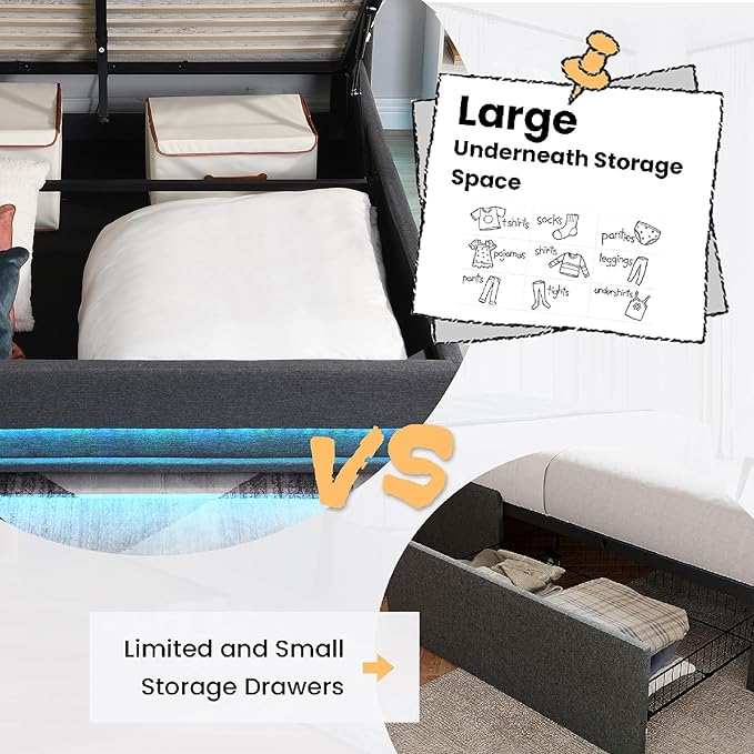 Ailisite Full Size Bed Frame with Headboard, Lift Up Storage Bed Frame with Charging Station&Led Lights,Upholstered Platform Bed with Tufted Wingback Storage Headboard, Hydraulic System,Wood Slat,Grey