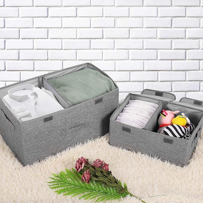 2 Pack Large Storage Boxes with Lids and Handles, Collapsible Linen Storage Bins Organizer Containers Baskets Cube with Removable Divider for Home Bedroom Closet Office (Grey, Large)
