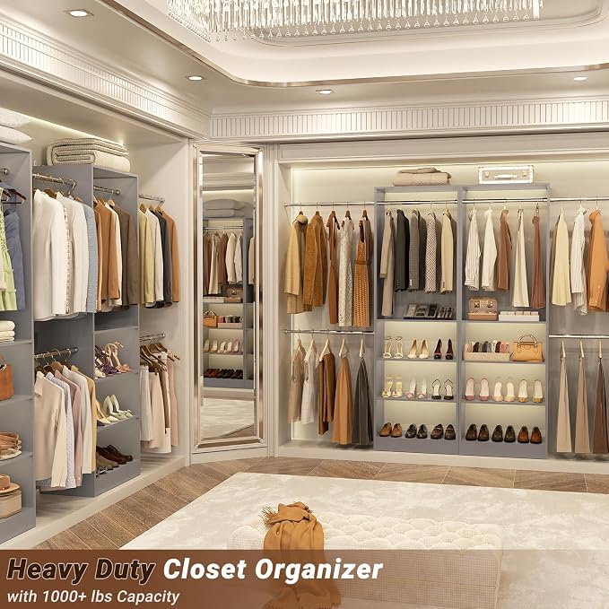 Homieasy Closet System, 4.5-11.5 Ft Expandable Closet Organizer with 5 Hanging Rods, Walk-in Wood Closet Organizer System with Storage Tower, Heavy Duty Garment Rack Wardrobe for Bedroom, Gray