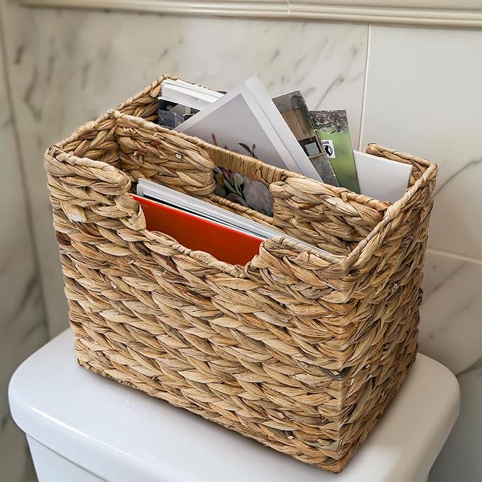 Yesland Hand-Woven Magazine Basket 14.5"x8"x11.75" - Natural Water Hyacinth Wicker Storage Organizer with Handle, 2 Compartments for Home Office Desk